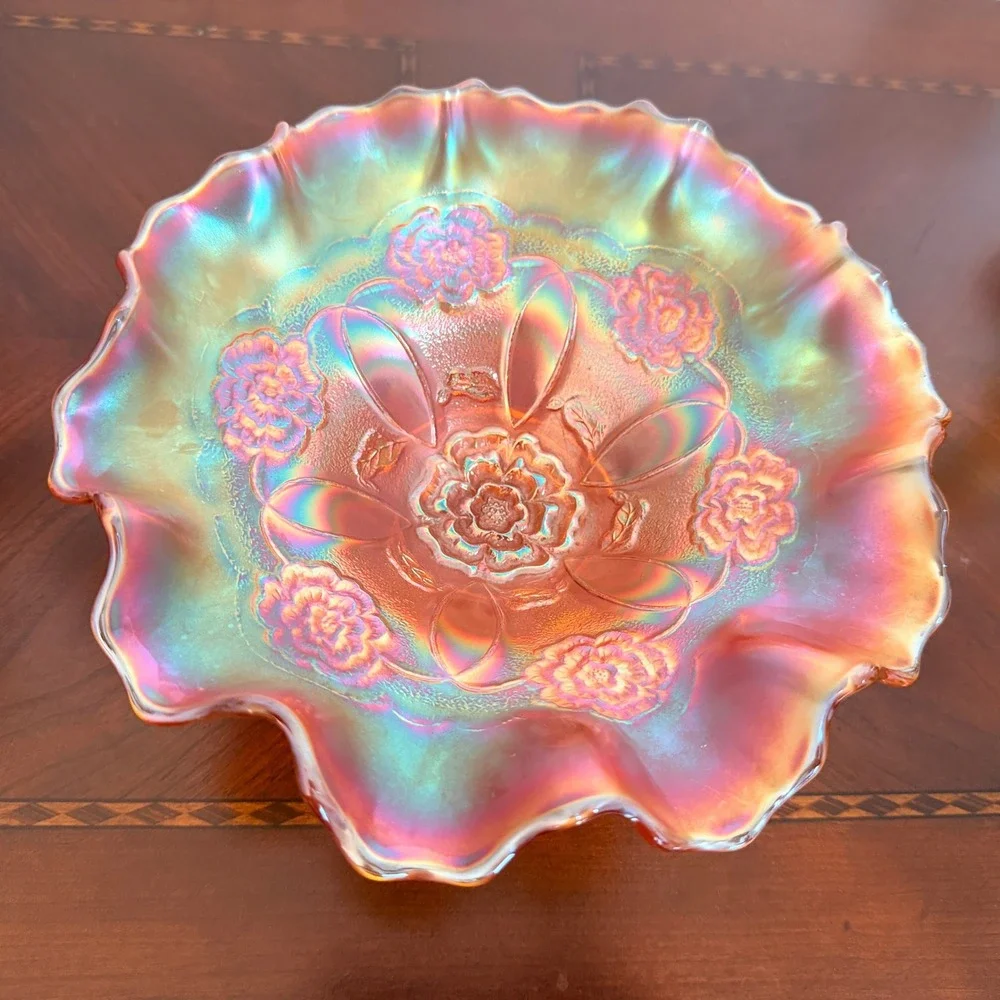 Vintage‎ Dugan Carnival Glass Bowl Marigold Ruffled Pedestal Compote Iridescent